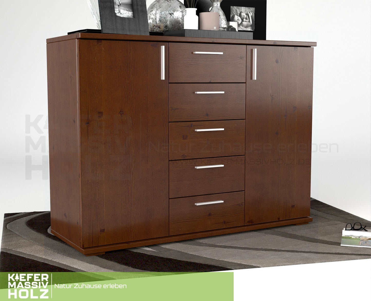 Nobis Kommode Sideboard 120-er | Anrichte | 5-Schubladen | 2-Türig | 100% Bio Kiefer Massivholz Kiefer Massivholz