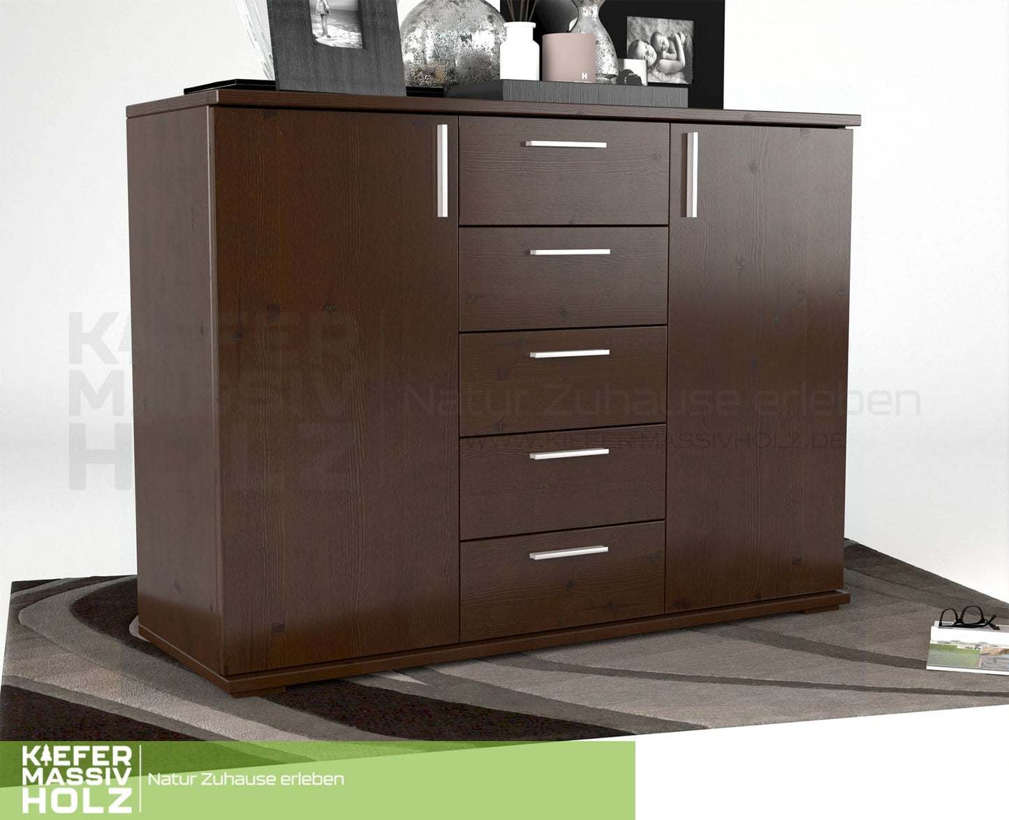 Nobis Kommode Sideboard 120-er | Anrichte | 5-Schubladen | 2-Türig | 100% Bio Kiefer Massivholz Kiefer Massivholz