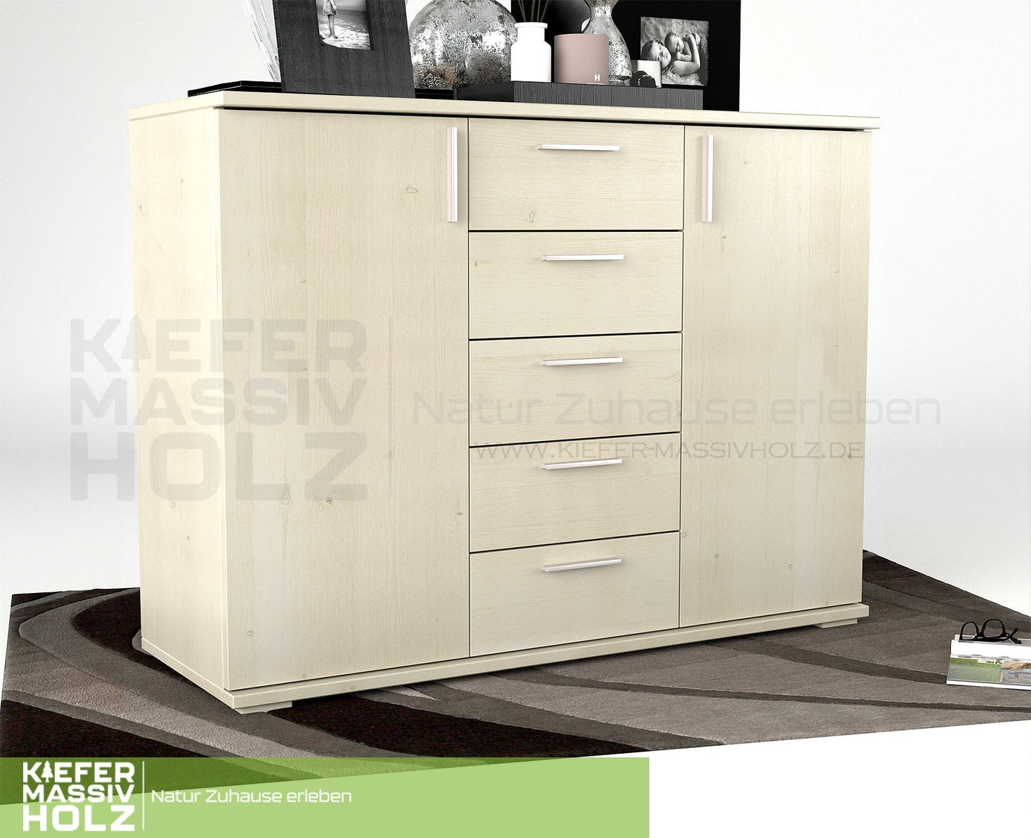 Nobis Kommode Sideboard 120-er | Anrichte | 5-Schubladen | 2-Türig | 100% Bio Kiefer Massivholz Kiefer Massivholz