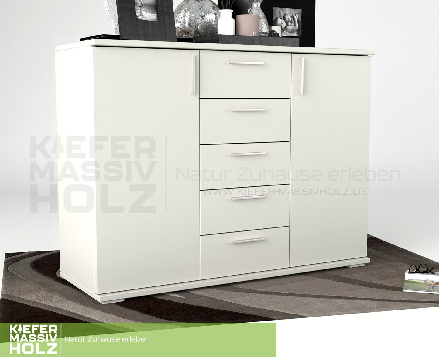 Nobis Kommode Sideboard 120-er | Anrichte | 5-Schubladen | 2-Türig | 100% Bio Kiefer Massivholz Kiefer Massivholz