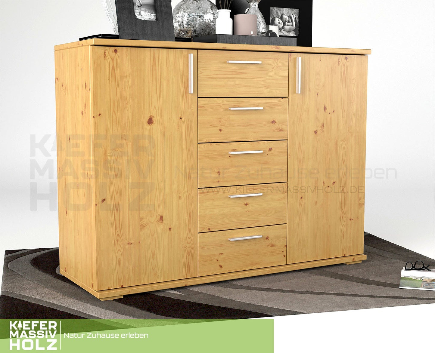 Nobis Kommode Sideboard 120-er | Anrichte | 5-Schubladen | 2-Türig | 100% Bio Kiefer Massivholz Kiefer Massivholz
