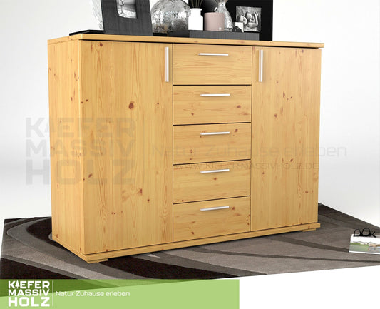 Nobis Kommode Sideboard 120-er | Anrichte | 5-Schubladen | 2-Türig | 100% Bio Kiefer Massivholz Kiefer Massivholz