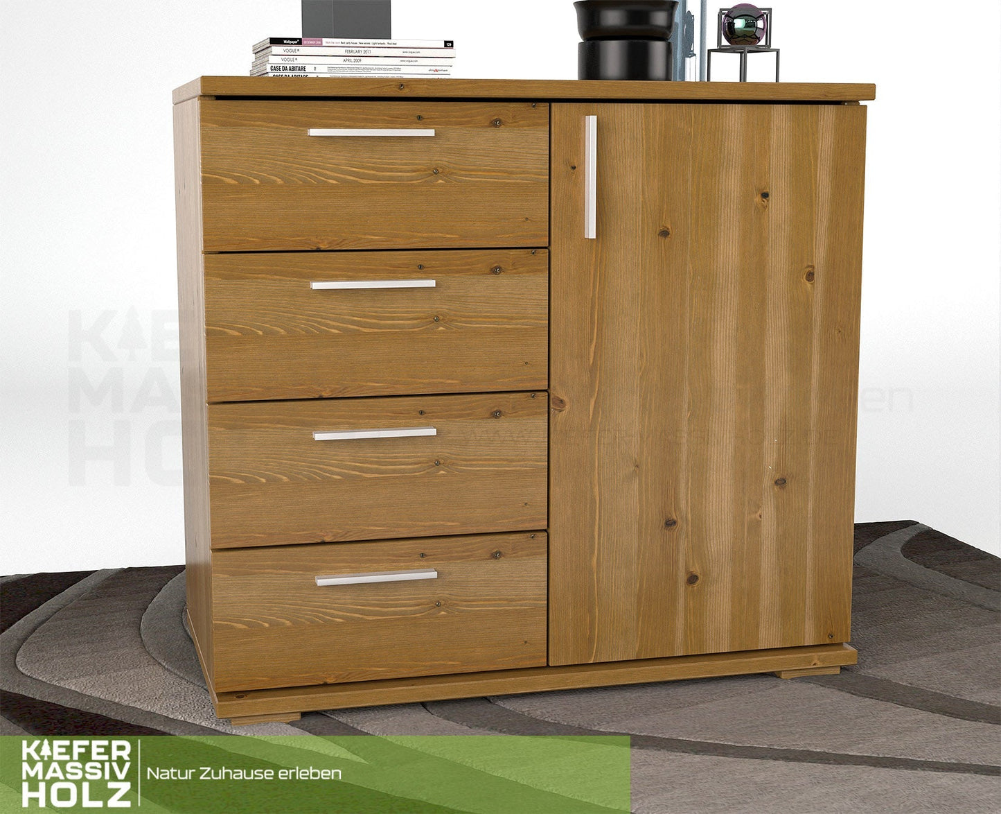 Nobis Kommode Sideboard | Anrichte | 4 kleine Schubladen 1 Türig | 100% Bio Kiefer Massivholz Kiefer Massivholz