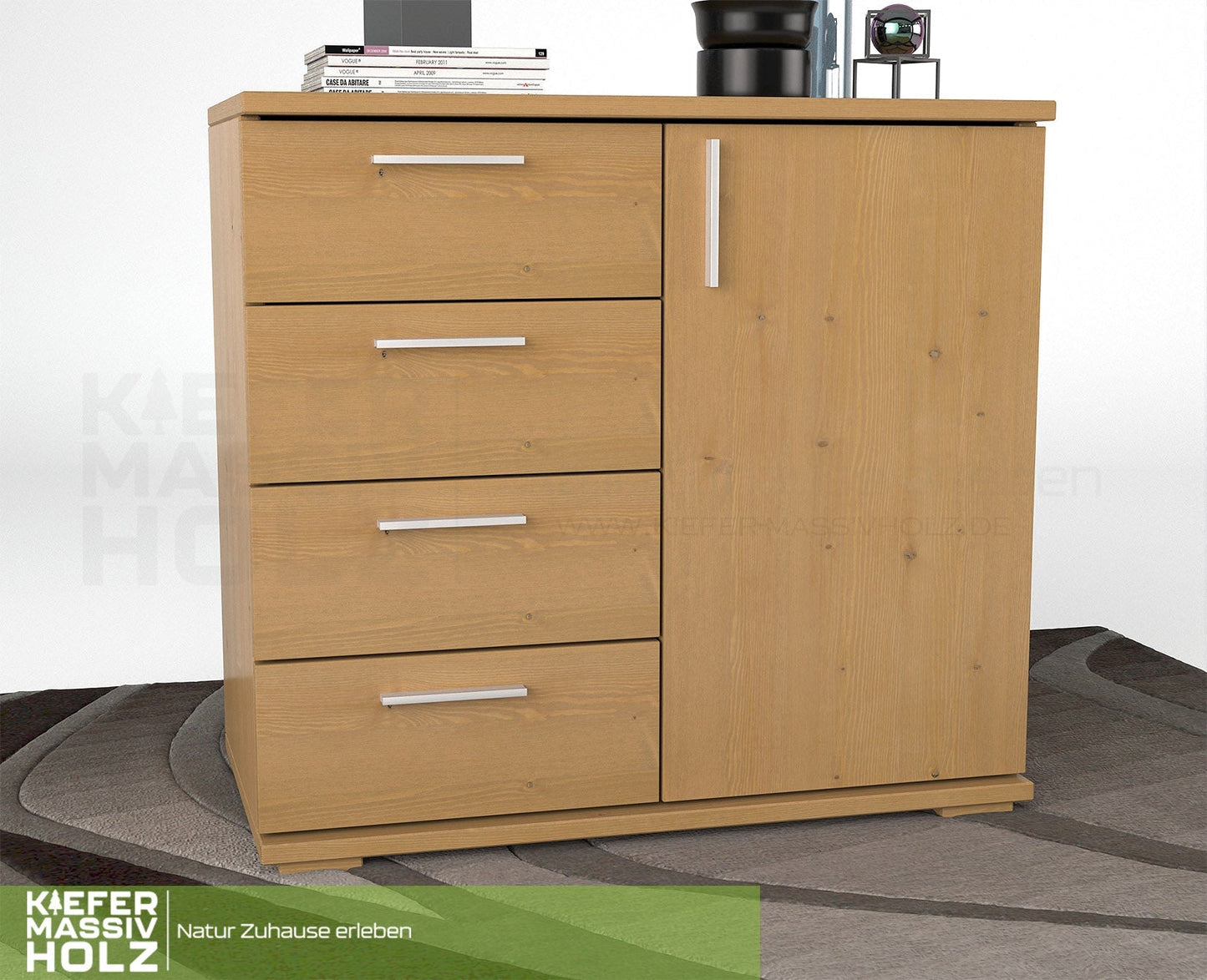 Nobis Kommode Sideboard | Anrichte | 4 kleine Schubladen 1 Türig | 100% Bio Kiefer Massivholz Kiefer Massivholz