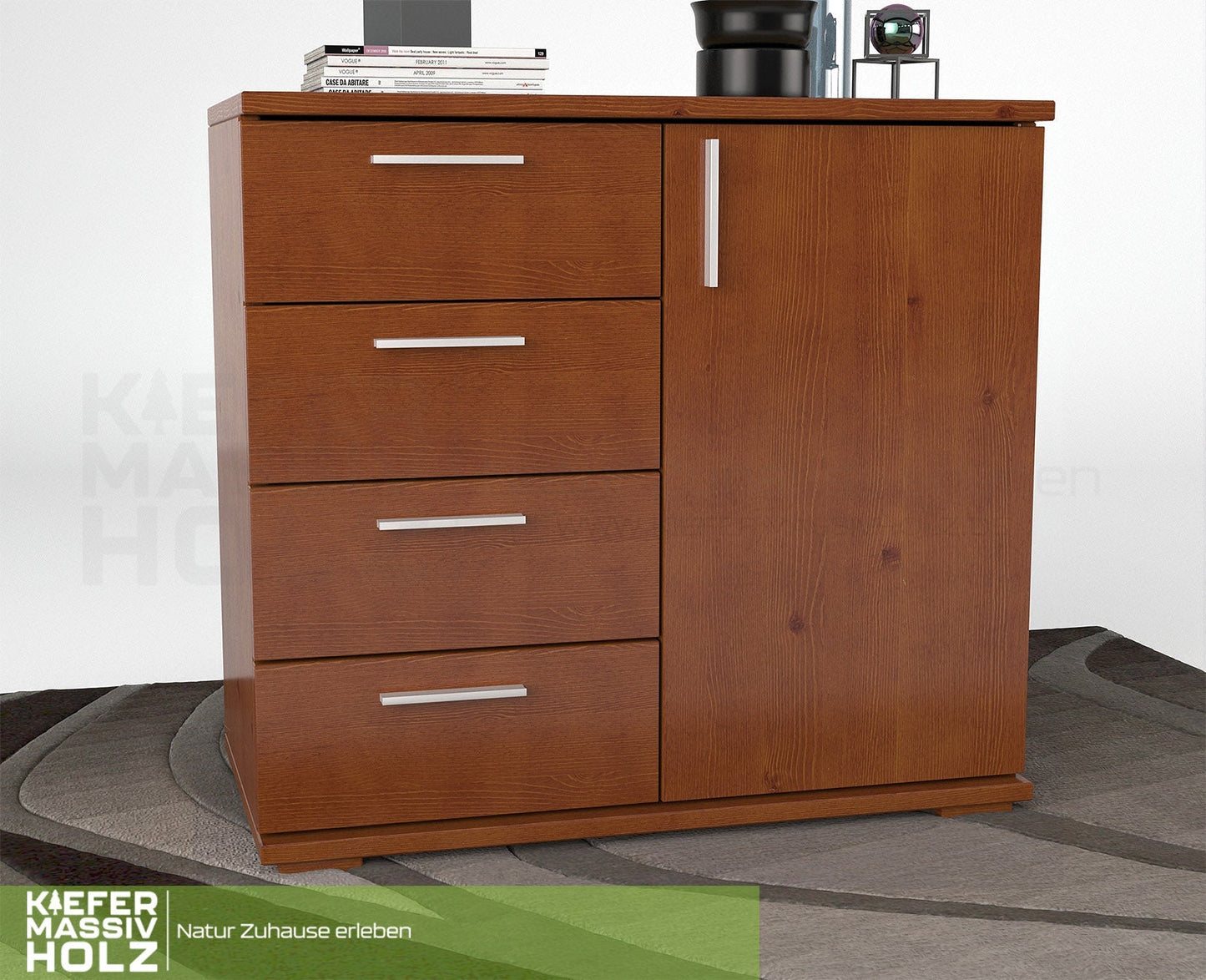 Nobis Kommode Sideboard | Anrichte | 4 kleine Schubladen 1 Türig | 100% Bio Kiefer Massivholz Kiefer Massivholz