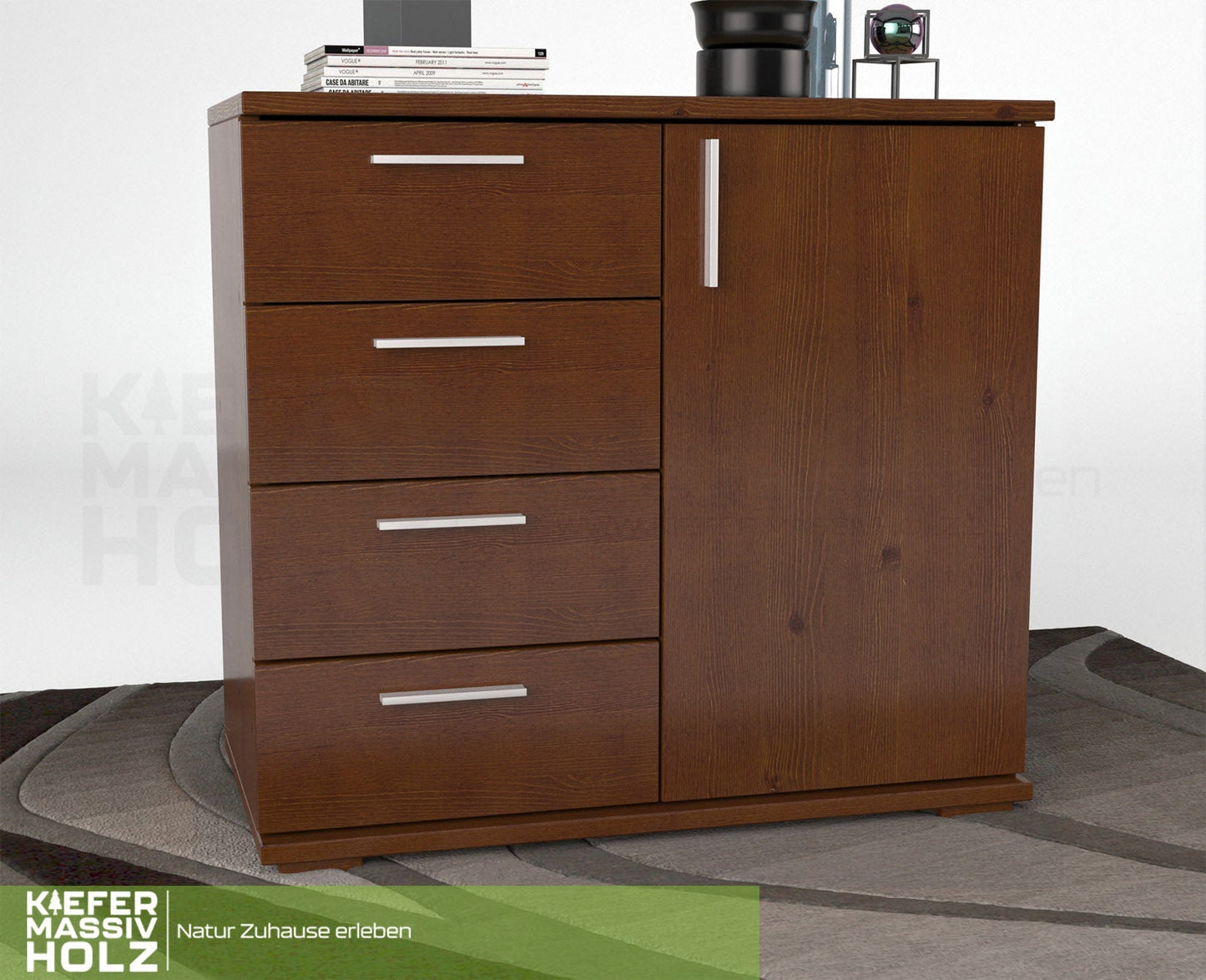 Nobis Kommode Sideboard | Anrichte | 4 kleine Schubladen 1 Türig | 100% Bio Kiefer Massivholz Kiefer Massivholz