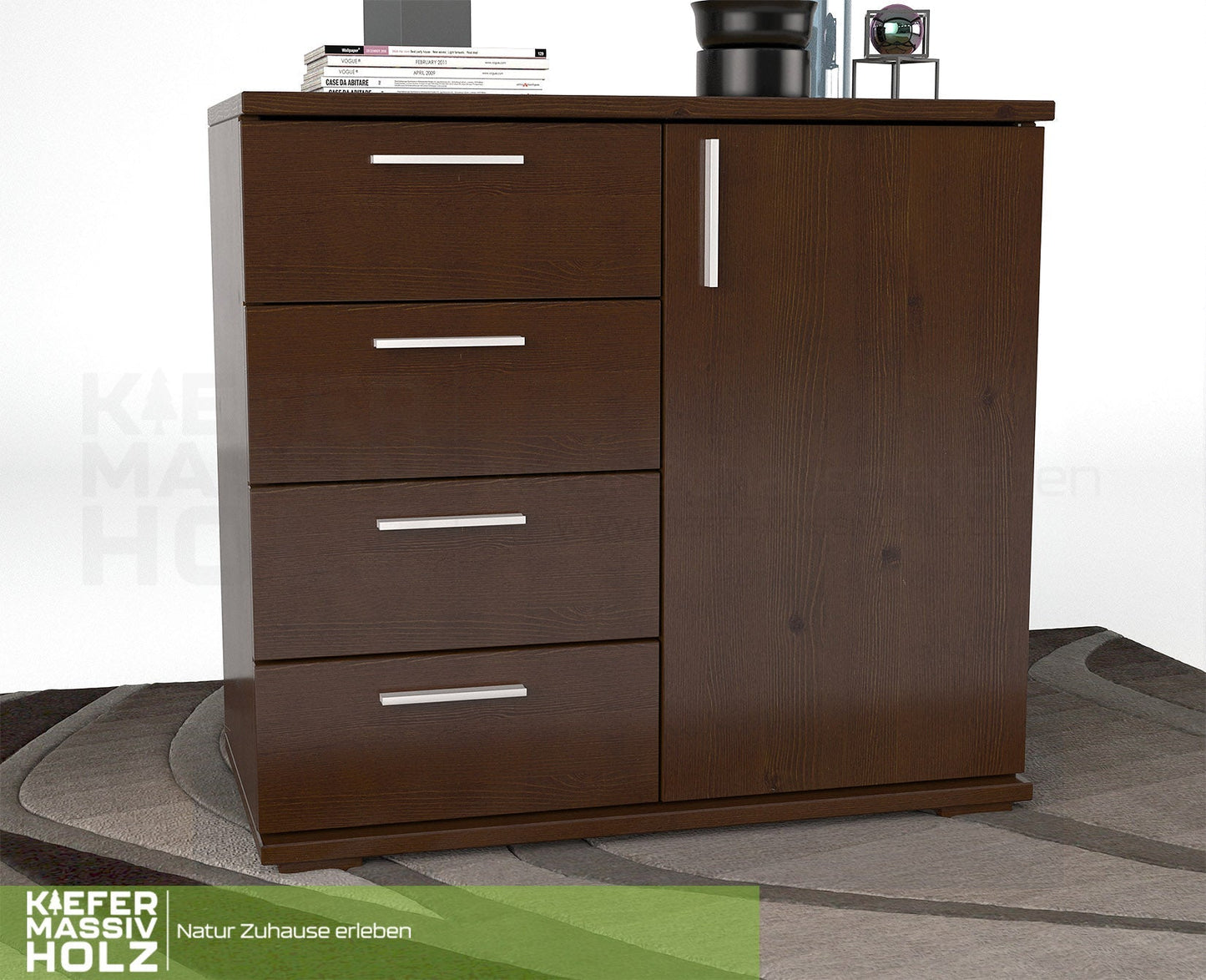 Nobis Kommode Sideboard | Anrichte | 4 kleine Schubladen 1 Türig | 100% Bio Kiefer Massivholz Kiefer Massivholz