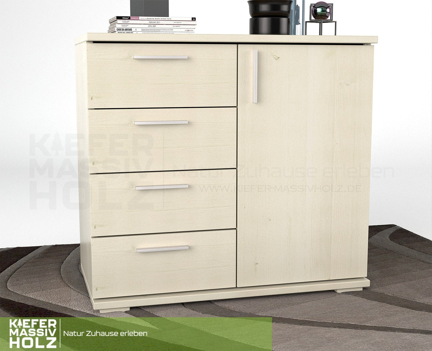 Nobis Kommode Sideboard | Anrichte | 4 kleine Schubladen 1 Türig | 100% Bio Kiefer Massivholz Kiefer Massivholz