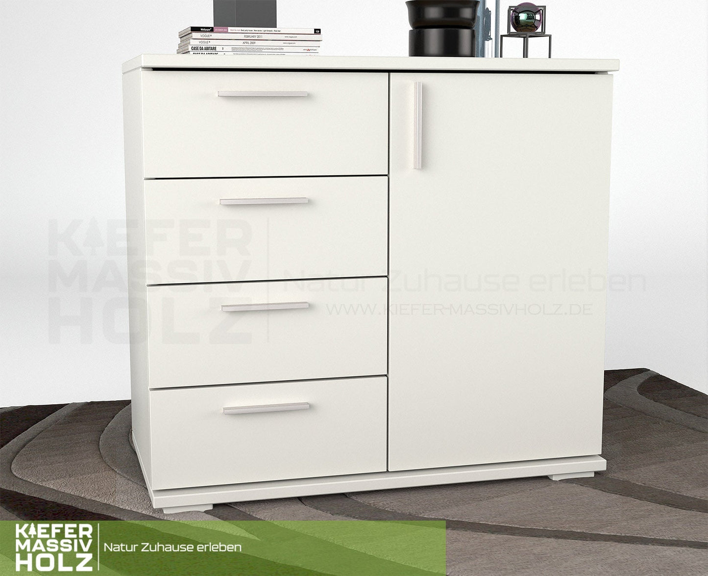 Nobis Kommode Sideboard | Anrichte | 4 kleine Schubladen 1 Türig | 100% Bio Kiefer Massivholz Kiefer Massivholz