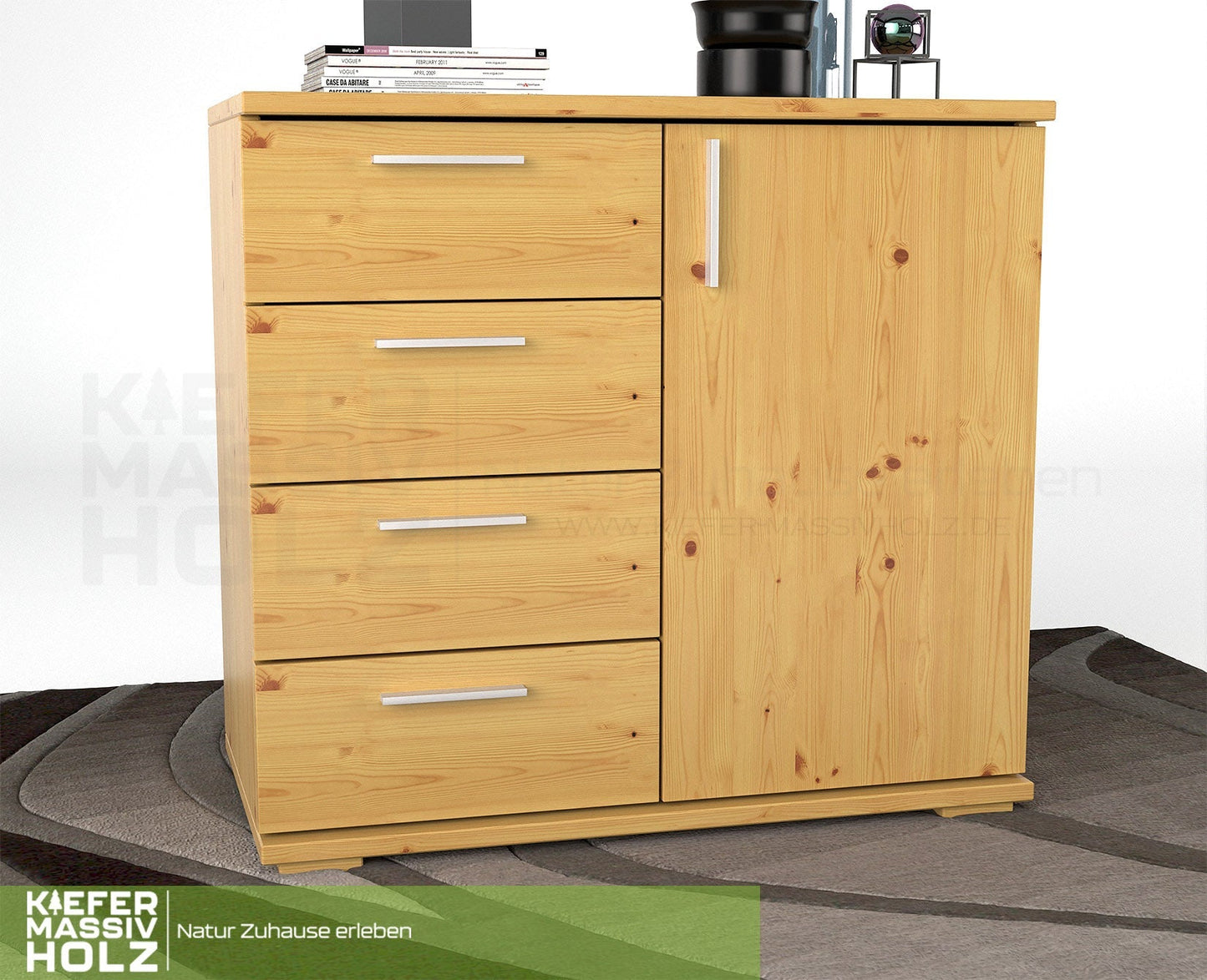 Nobis Kommode Sideboard | Anrichte | 4 kleine Schubladen 1 Türig | 100% Bio Kiefer Massivholz Kiefer Massivholz