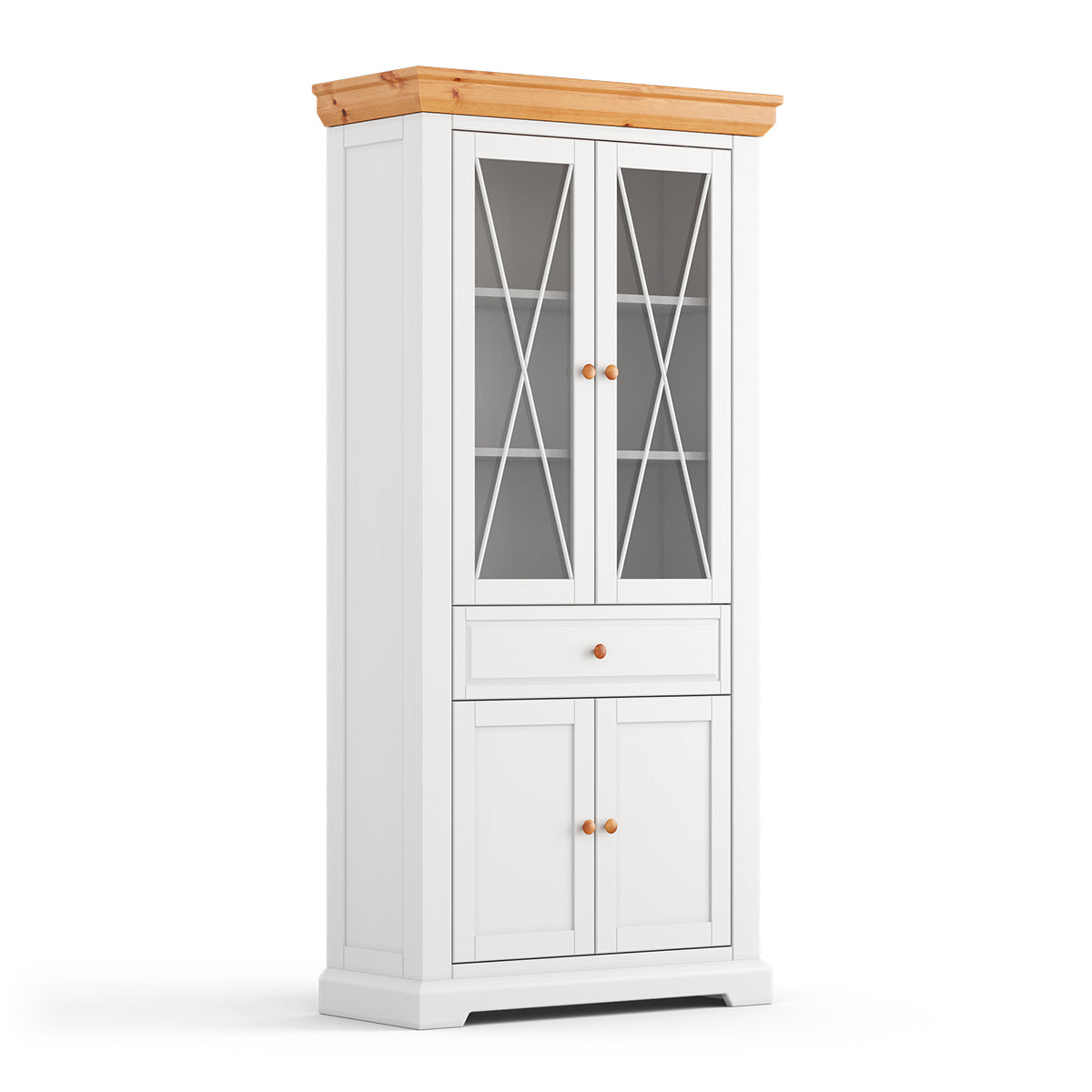Milano Elite Massivholz Kiefer Vitrine 2D | Farbe Weiß/Kiefer Kiefer Massivholz