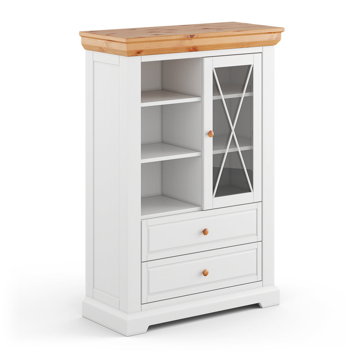 Milano Elite Massivholz Kiefer Vitrine 1.3 | Farbe Weiß/Kiefer Kiefer Massivholz