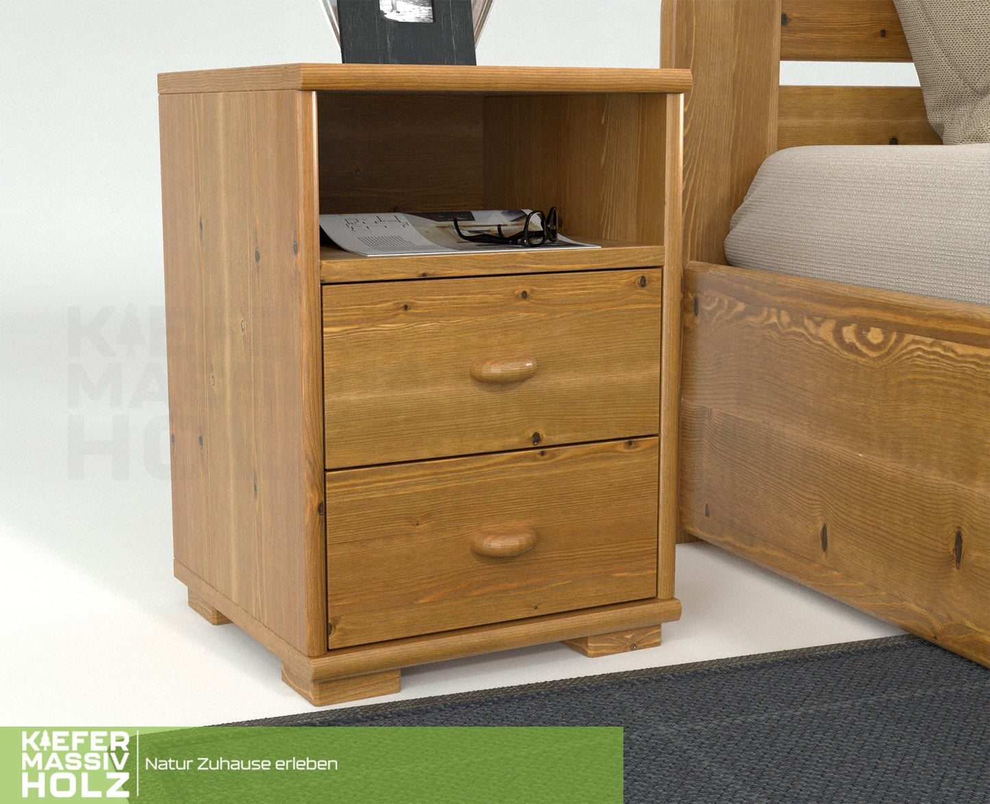 Vanessa Kiefer Massivholz Nachttisch Nachtschrank | 2-Schubladen 1-Regal | 100% Bio Kiefer Kiefer Massivholz