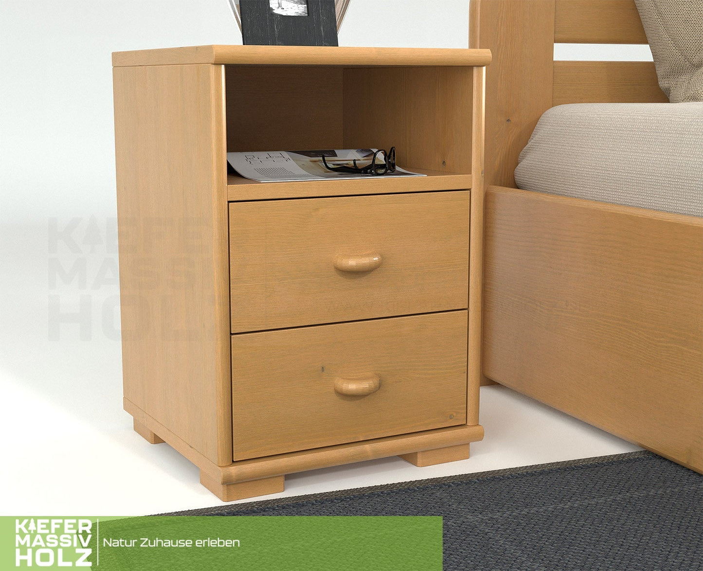 Vanessa Kiefer Massivholz Nachttisch Nachtschrank | 2-Schubladen 1-Regal | 100% Bio Kiefer Kiefer Massivholz