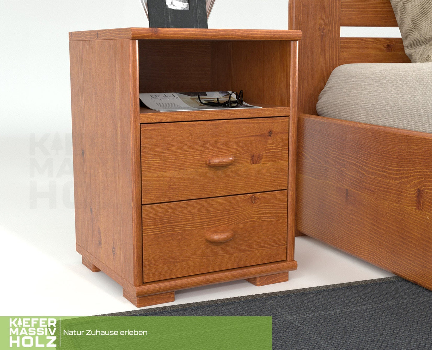 Vanessa Kiefer Massivholz Nachttisch Nachtschrank | 2-Schubladen 1-Regal | 100% Bio Kiefer Kiefer Massivholz