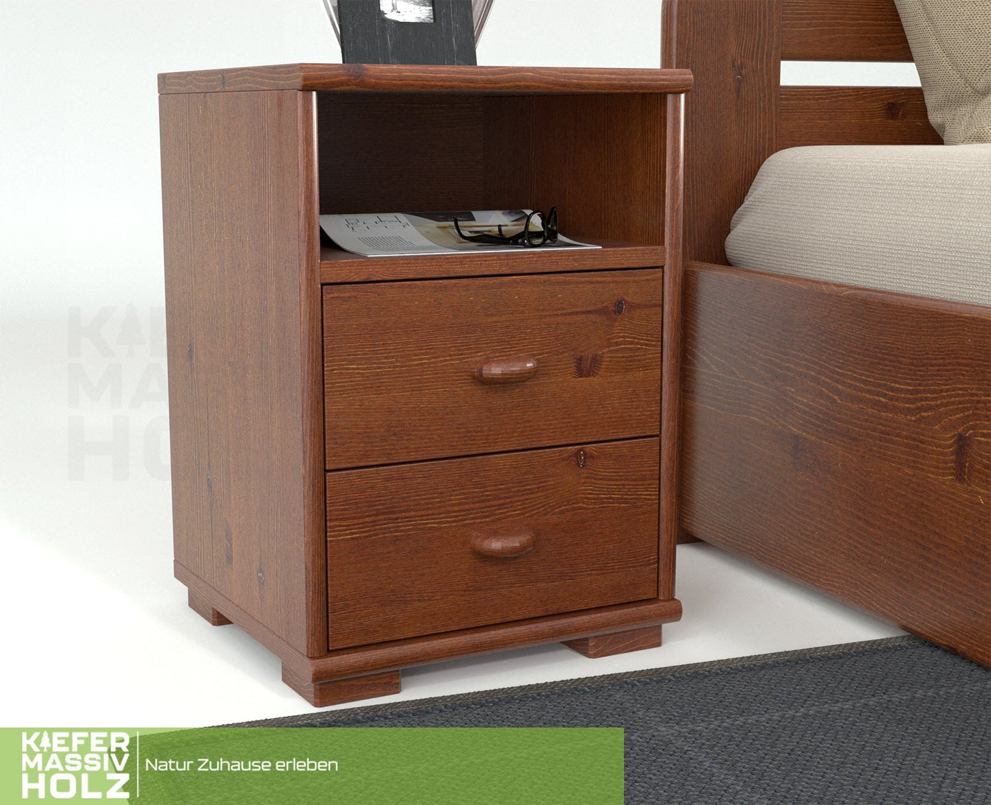 Vanessa Kiefer Massivholz Nachttisch Nachtschrank | 2-Schubladen 1-Regal | 100% Bio Kiefer Kiefer Massivholz