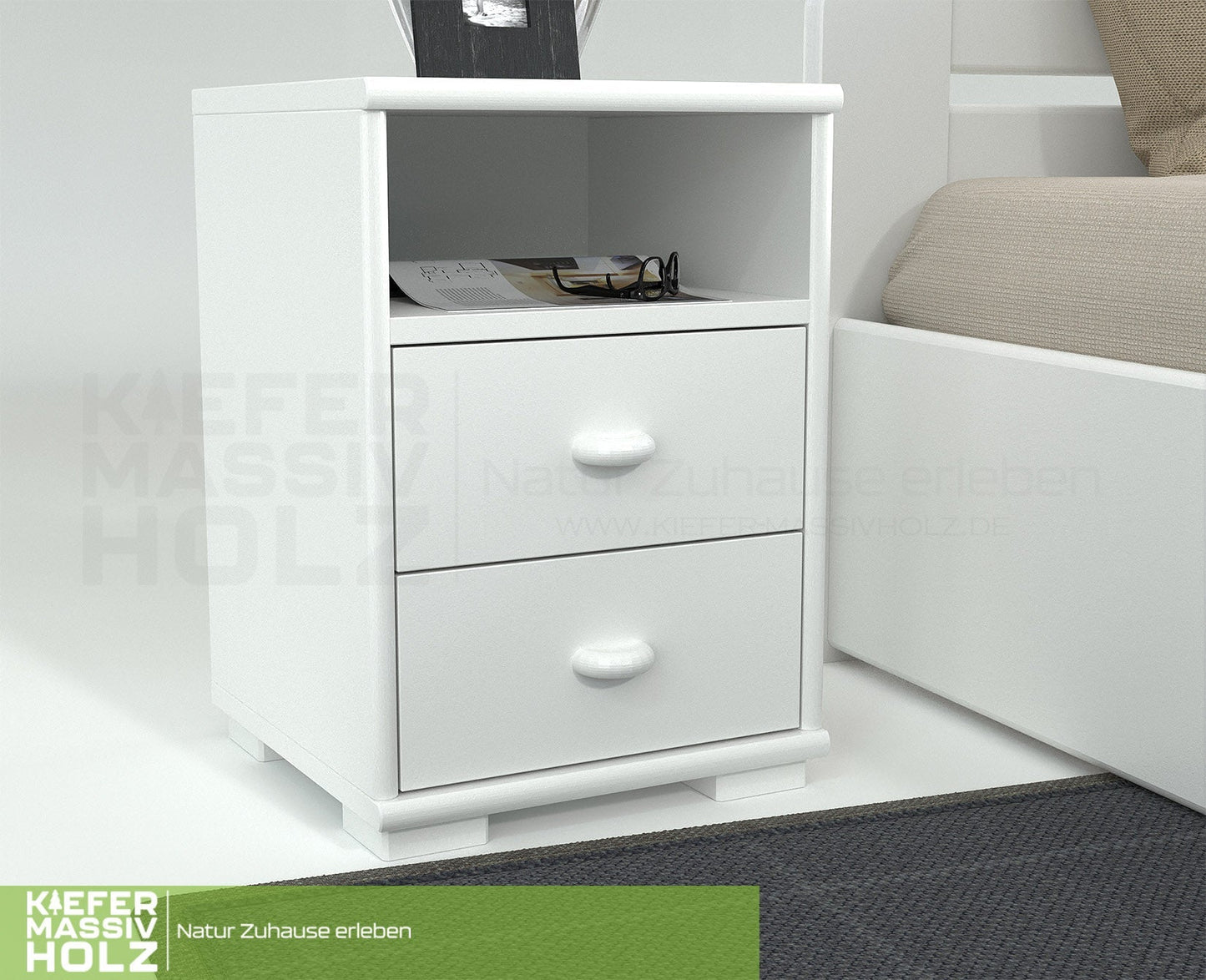 Vanessa Kiefer Massivholz Nachttisch Nachtschrank | 2-Schubladen 1-Regal | 100% Bio Kiefer Kiefer Massivholz