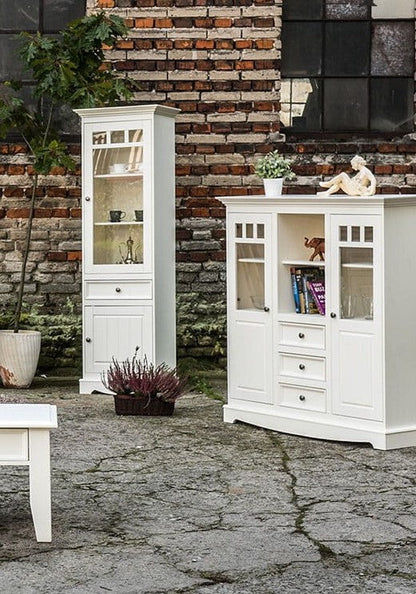 Bologna Elegante Massivholz Kiefer Vitrine 1-Türig | Farbe weiß Kiefer Massivholz