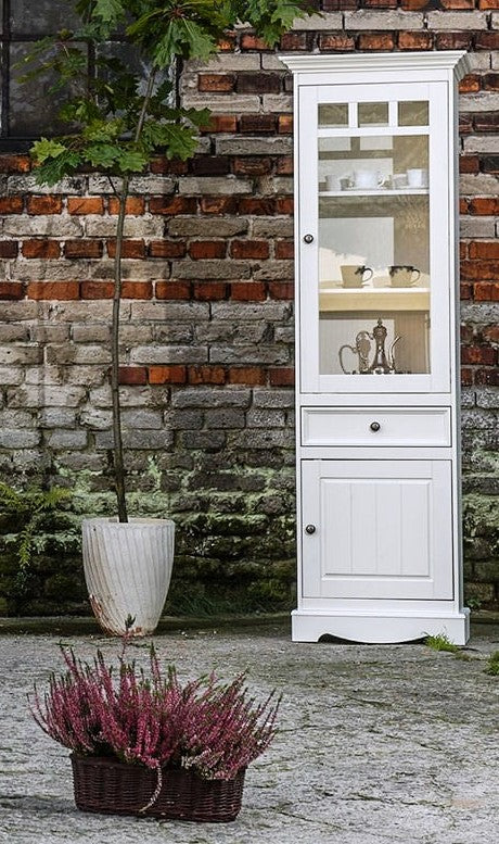 Bologna Elegante Massivholz Kiefer Vitrine 1-Türig | Farbe weiß Kiefer Massivholz