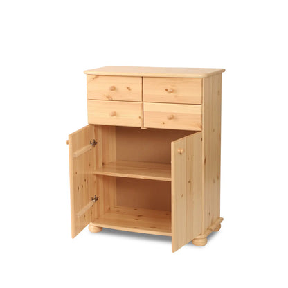 Anika Kommode Sideboard | Anrichte | 2-Türig | 4 Schubladen | 100% Bio Kiefer Massivholz Kiefer Massivholz