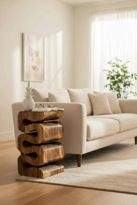 Saman Curve – Handgefertigter Samanholz Hocker & Beistelltisch