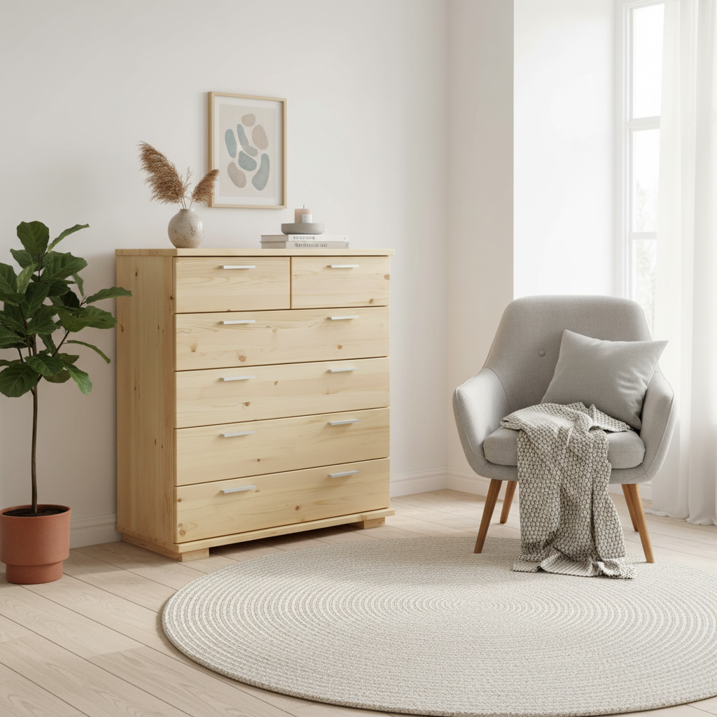 Nobis Kommode Sideboard 90-er | Anrichte | 6 Schubladen Kommode | 100% Bio Kiefer Massivholz Kiefer Massivholz