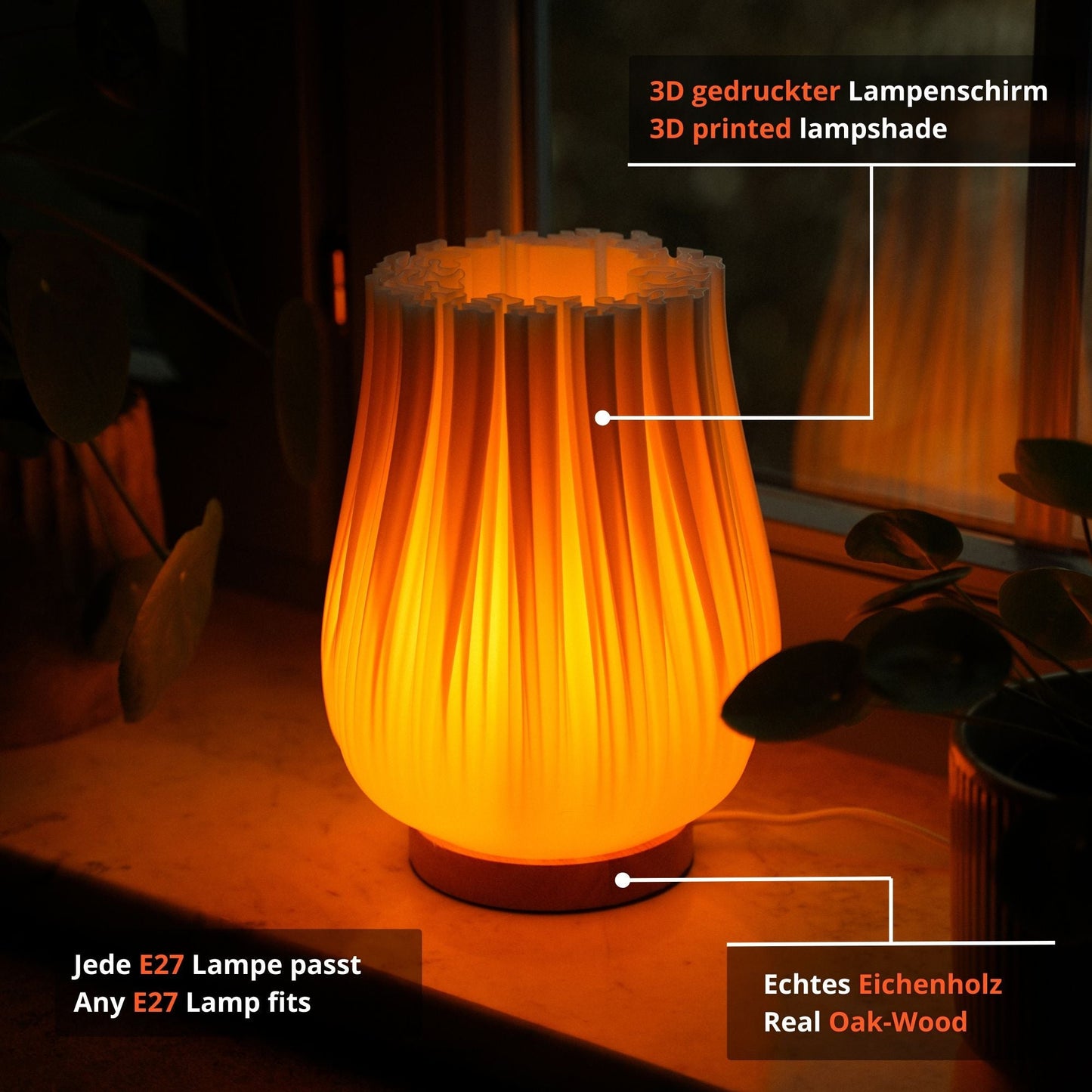 Cora LED Design-Tischlampe – 3D-Druck & Eichenholz Moonou GbR